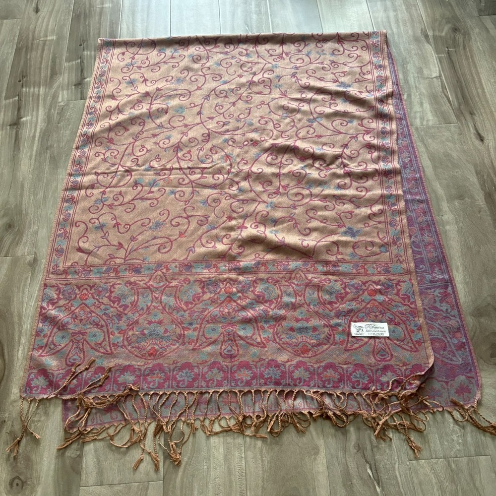 SAM WELL Pashmina Scarf‎ 100% Cashmere Made in NEPAL Purple Floral 27x70 inch